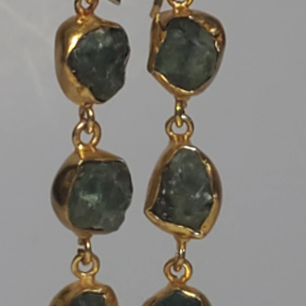 SEMIPRECIOUS Apatite Gemstone Dangle Earrings Green Stones in Gold Setting NEW - Picture 4 of 6